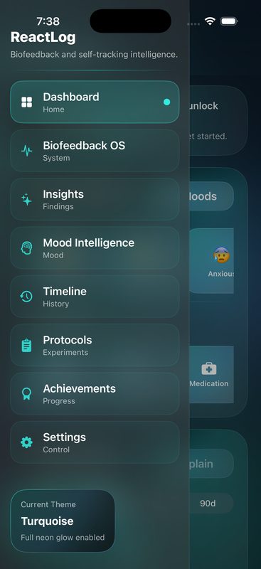 ReactLog navigation showing Dashboard, Biofeedback OS, Insights, Mood Intelligence, Timeline, Protocols, Achievements, and Settings